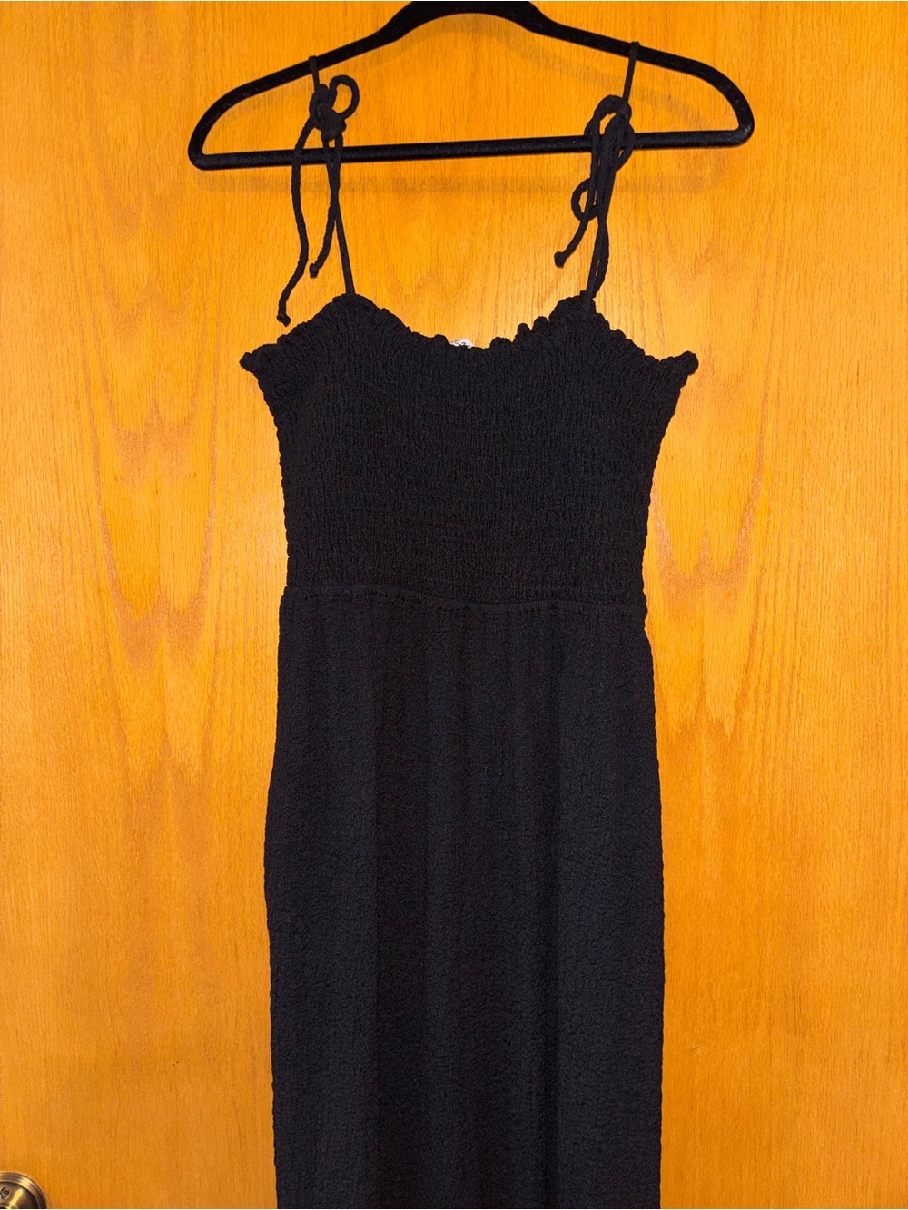 Three Bird Nest Black Smocked Maxi Jumpsuit with Tie Straps
